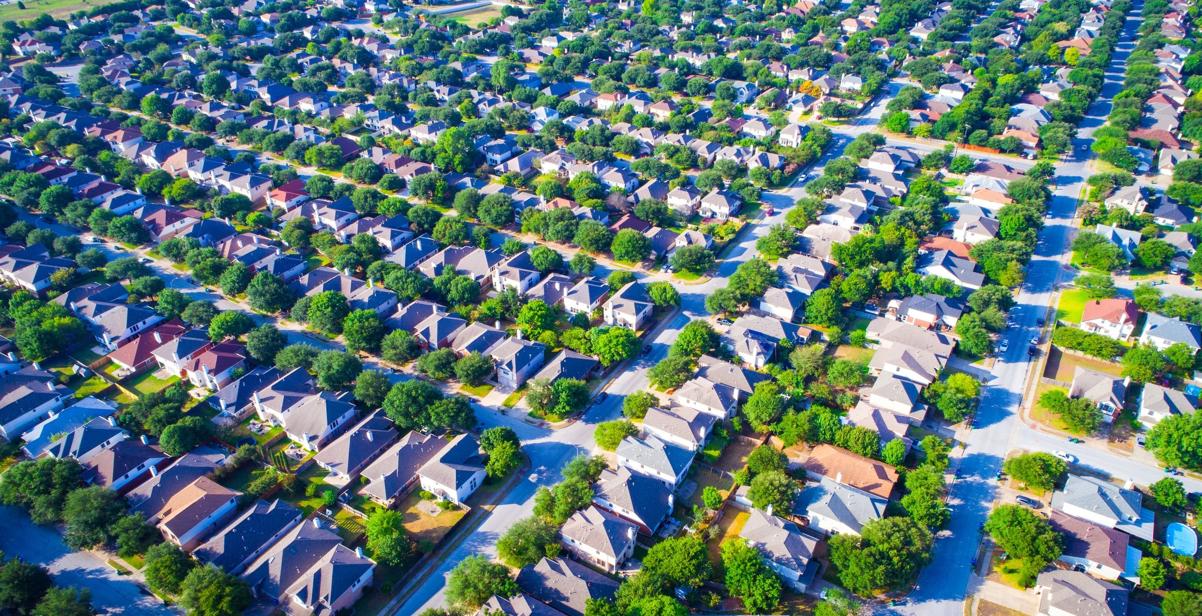 Aerial view of established suburban homes in Texas